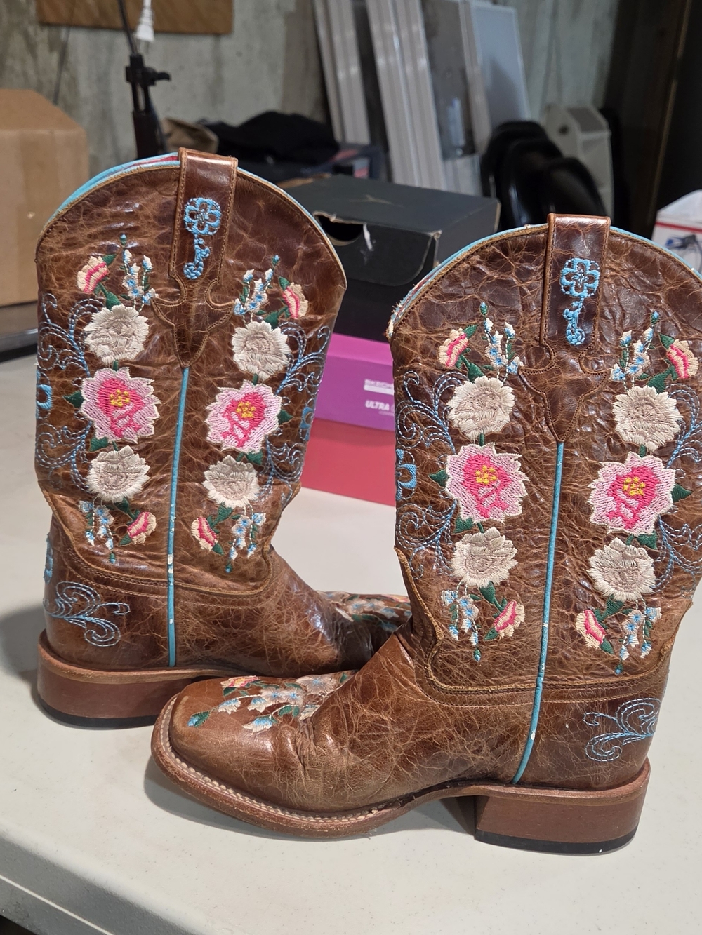 Macie Bean Brown Embroidered Floral Kids Cowboy Boots - Picture 4 of 7